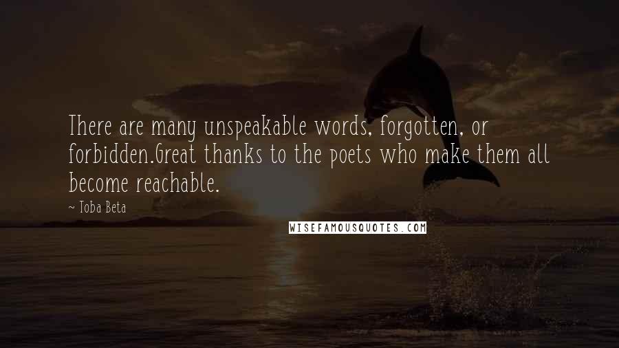 Toba Beta Quotes: There are many unspeakable words, forgotten, or forbidden.Great thanks to the poets who make them all become reachable.