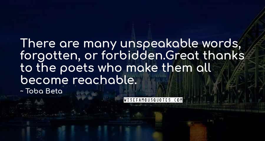 Toba Beta Quotes: There are many unspeakable words, forgotten, or forbidden.Great thanks to the poets who make them all become reachable.