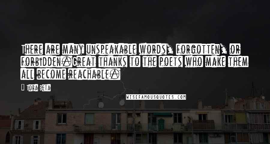 Toba Beta Quotes: There are many unspeakable words, forgotten, or forbidden.Great thanks to the poets who make them all become reachable.