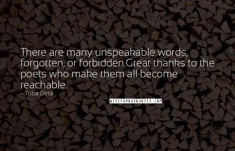 Toba Beta Quotes: There are many unspeakable words, forgotten, or forbidden.Great thanks to the poets who make them all become reachable.