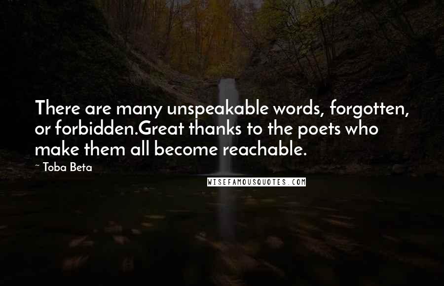 Toba Beta Quotes: There are many unspeakable words, forgotten, or forbidden.Great thanks to the poets who make them all become reachable.