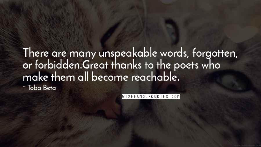 Toba Beta Quotes: There are many unspeakable words, forgotten, or forbidden.Great thanks to the poets who make them all become reachable.
