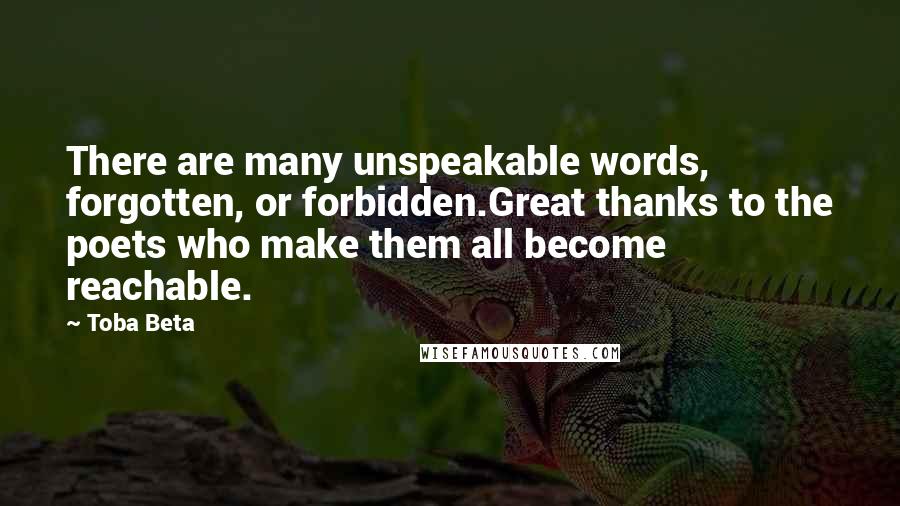 Toba Beta Quotes: There are many unspeakable words, forgotten, or forbidden.Great thanks to the poets who make them all become reachable.