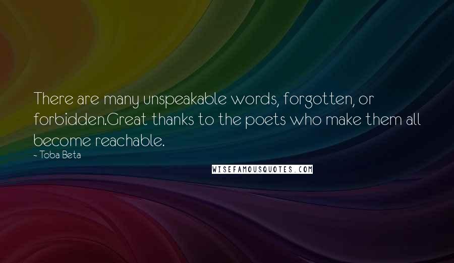 Toba Beta Quotes: There are many unspeakable words, forgotten, or forbidden.Great thanks to the poets who make them all become reachable.