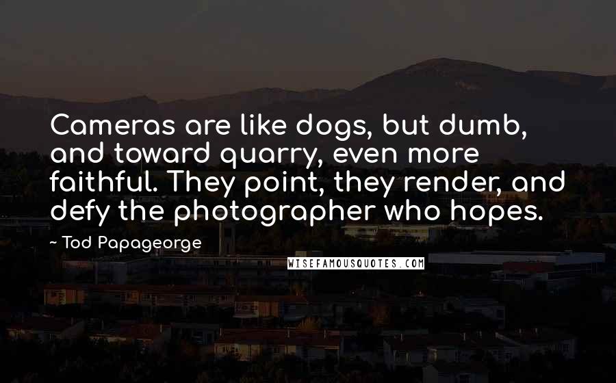 Tod Papageorge Quotes: Cameras are like dogs, but dumb, and toward quarry, even more faithful. They point, they render, and defy the photographer who hopes.
