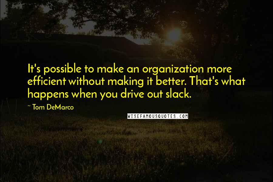 Tom DeMarco Quotes: It's possible to make an organization more efficient without making it better. That's what happens when you drive out slack.