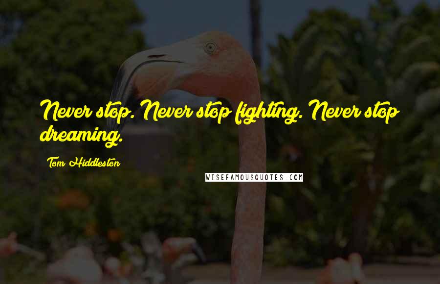 Tom Hiddleston Quotes: Never stop. Never stop fighting. Never stop dreaming.