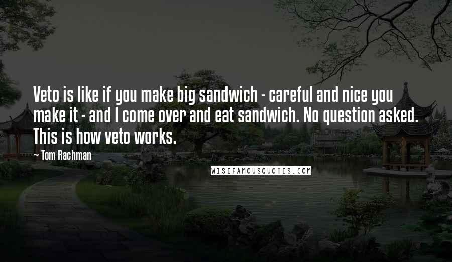 Tom Rachman Quotes: Veto is like if you make big sandwich - careful and nice you make it - and I come over and eat sandwich. No question asked. This is how veto works.