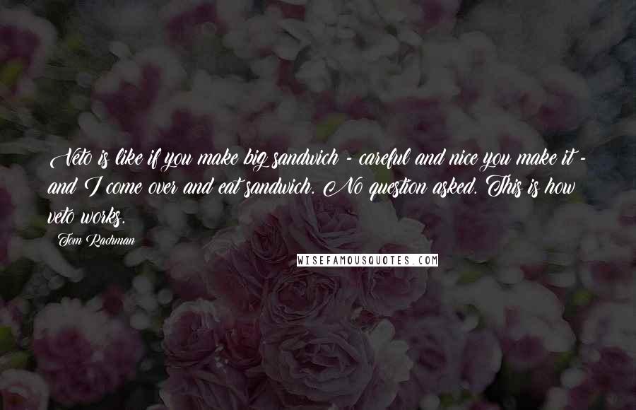 Tom Rachman Quotes: Veto is like if you make big sandwich - careful and nice you make it - and I come over and eat sandwich. No question asked. This is how veto works.