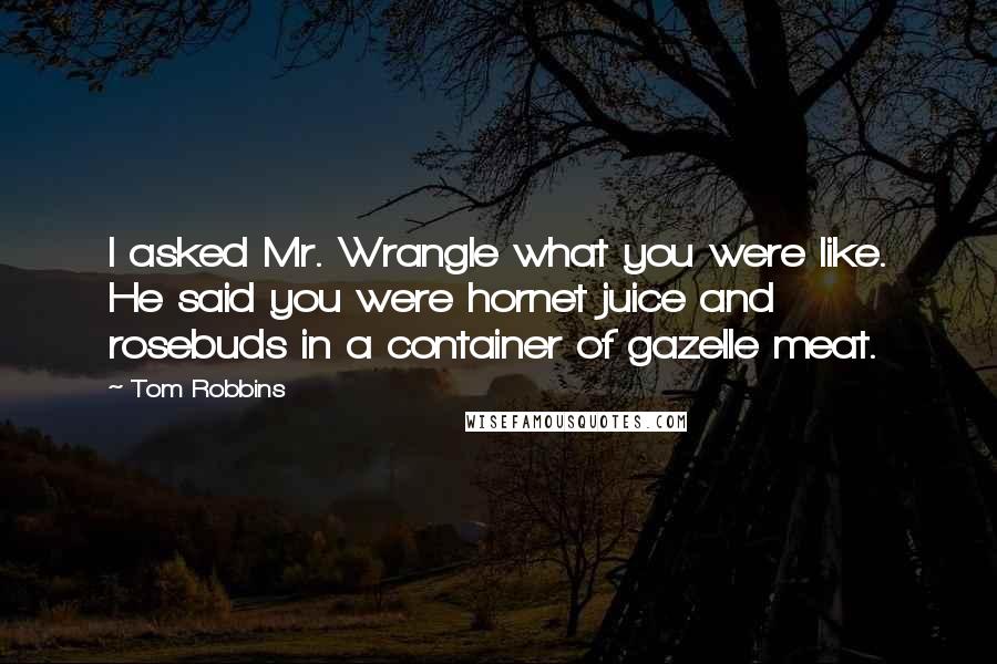 Tom Robbins Quotes: I asked Mr. Wrangle what you were like. He said you were hornet juice and rosebuds in a container of gazelle meat.
