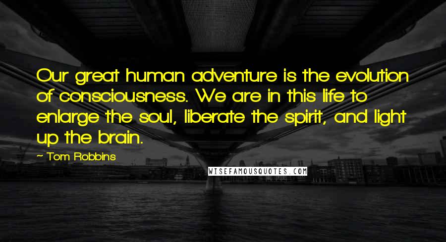 Tom Robbins Quotes: Our great human adventure is the evolution of consciousness. We are in this life to enlarge the soul, liberate the spirit, and light up the brain.
