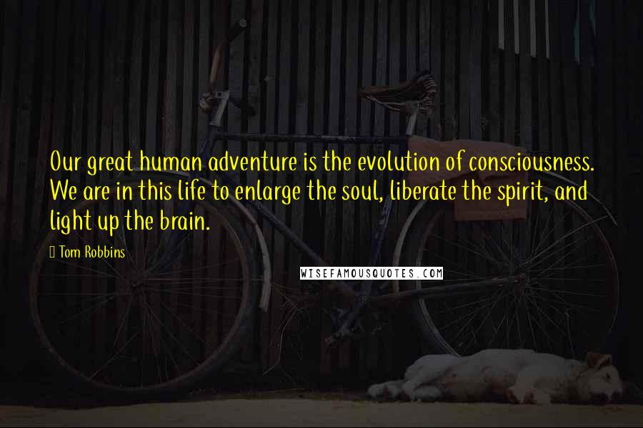 Tom Robbins Quotes: Our great human adventure is the evolution of consciousness. We are in this life to enlarge the soul, liberate the spirit, and light up the brain.