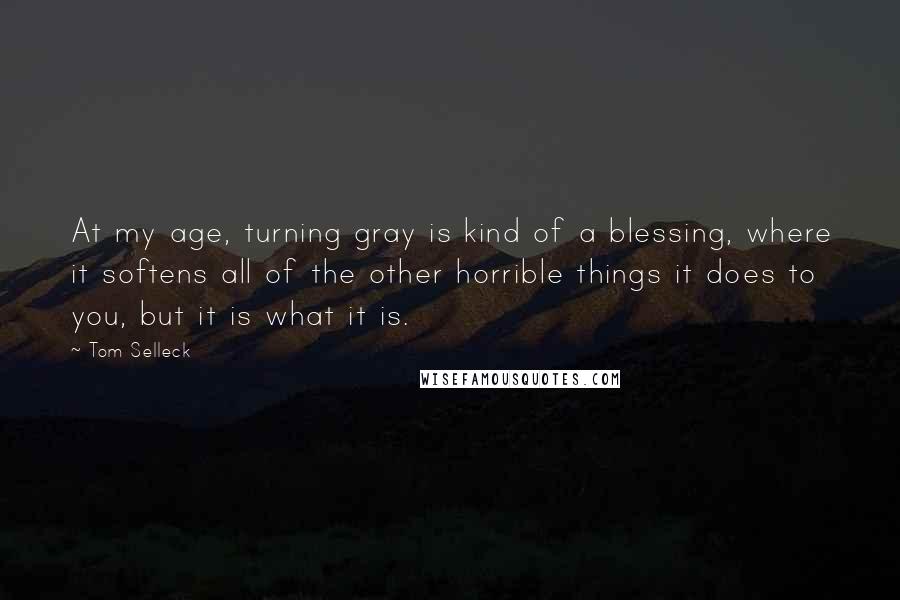 Tom Selleck Quotes: At my age, turning gray is kind of a blessing, where it softens all of the other horrible things it does to you, but it is what it is.