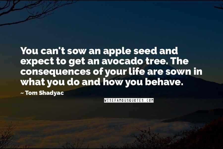 Tom Shadyac Quotes: You can't sow an apple seed and expect to get an avocado tree. The consequences of your life are sown in what you do and how you behave.