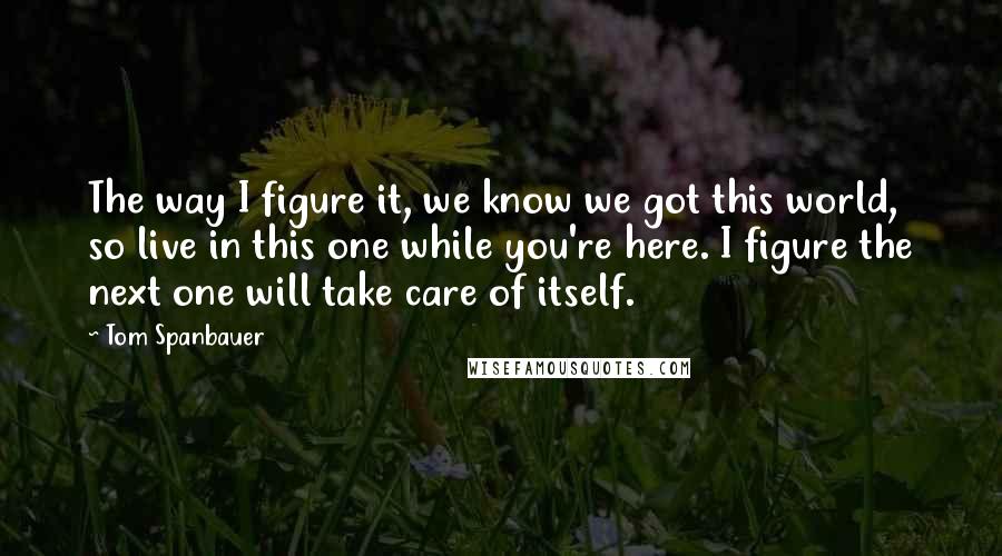 Tom Spanbauer Quotes: The way I figure it, we know we got this world, so live in this one while you're here. I figure the next one will take care of itself.