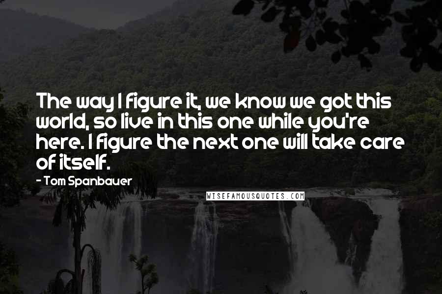 Tom Spanbauer Quotes: The way I figure it, we know we got this world, so live in this one while you're here. I figure the next one will take care of itself.