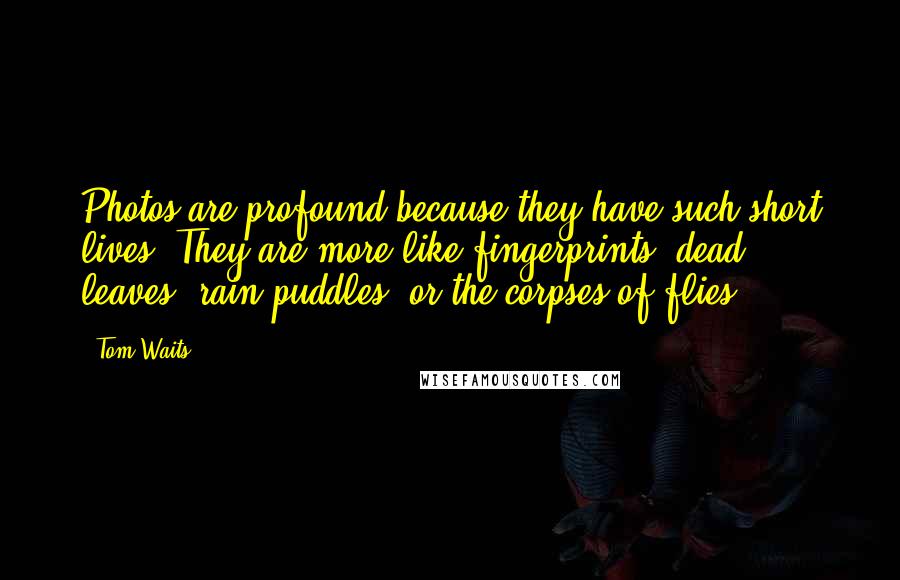 Tom Waits Quotes: Photos are profound because they have such short lives. They are more like fingerprints, dead leaves, rain puddles, or the corpses of flies.