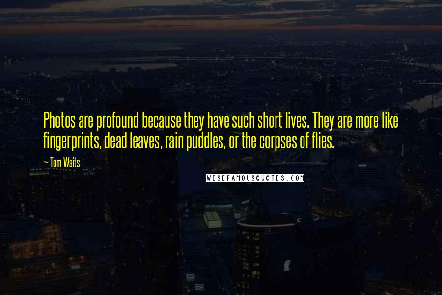 Tom Waits Quotes: Photos are profound because they have such short lives. They are more like fingerprints, dead leaves, rain puddles, or the corpses of flies.