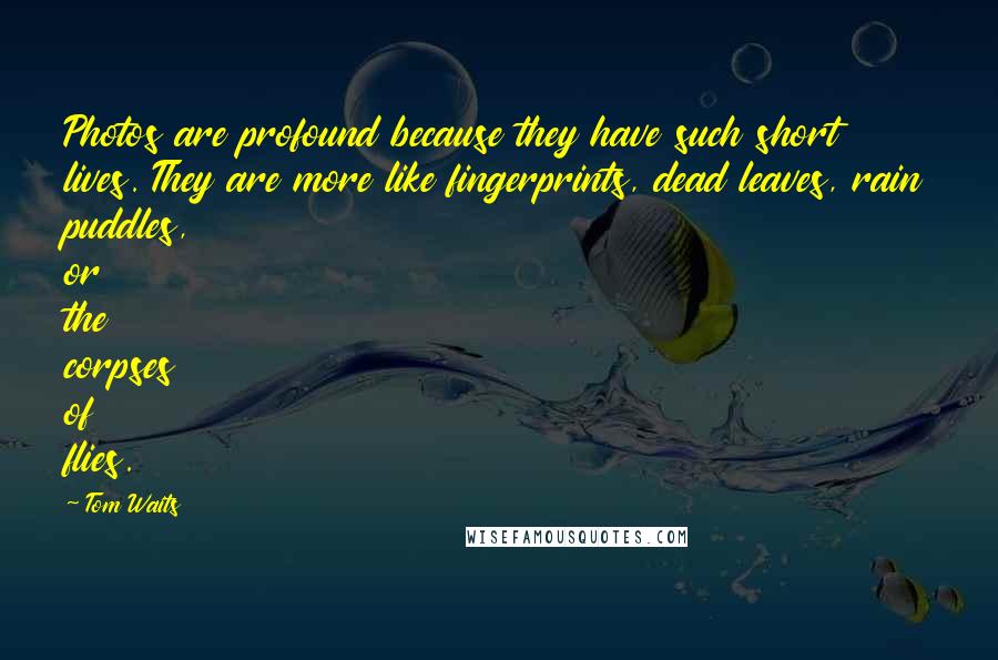 Tom Waits Quotes: Photos are profound because they have such short lives. They are more like fingerprints, dead leaves, rain puddles, or the corpses of flies.