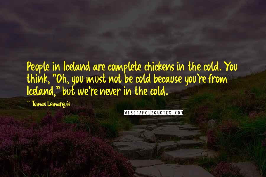 Tomas Lemarquis Quotes: People in Iceland are complete chickens in the cold. You think, "Oh, you must not be cold because you're from Iceland," but we're never in the cold.