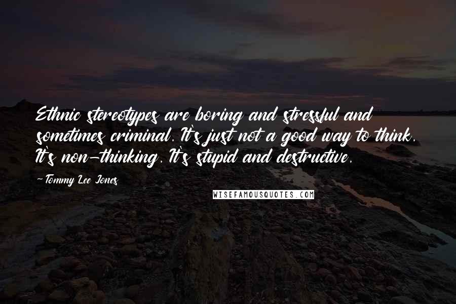 Tommy Lee Jones Quotes: Ethnic stereotypes are boring and stressful and sometimes criminal. It's just not a good way to think. It's non-thinking. It's stupid and destructive.