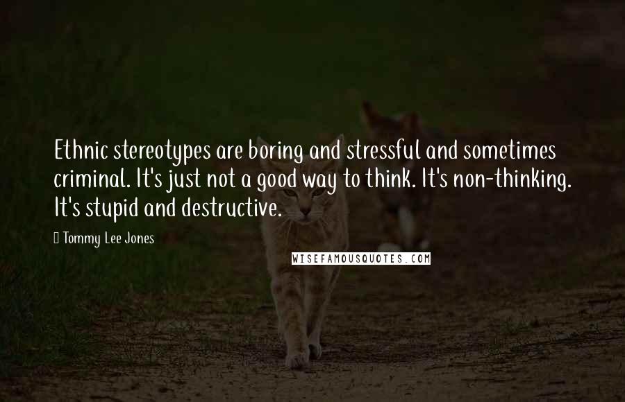 Tommy Lee Jones Quotes: Ethnic stereotypes are boring and stressful and sometimes criminal. It's just not a good way to think. It's non-thinking. It's stupid and destructive.
