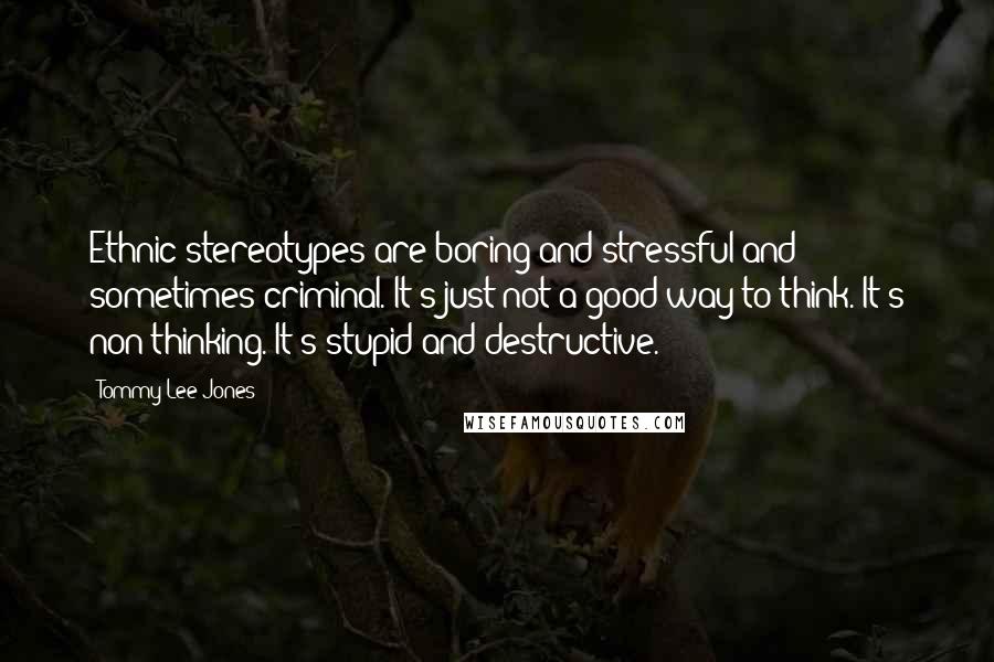 Tommy Lee Jones Quotes: Ethnic stereotypes are boring and stressful and sometimes criminal. It's just not a good way to think. It's non-thinking. It's stupid and destructive.