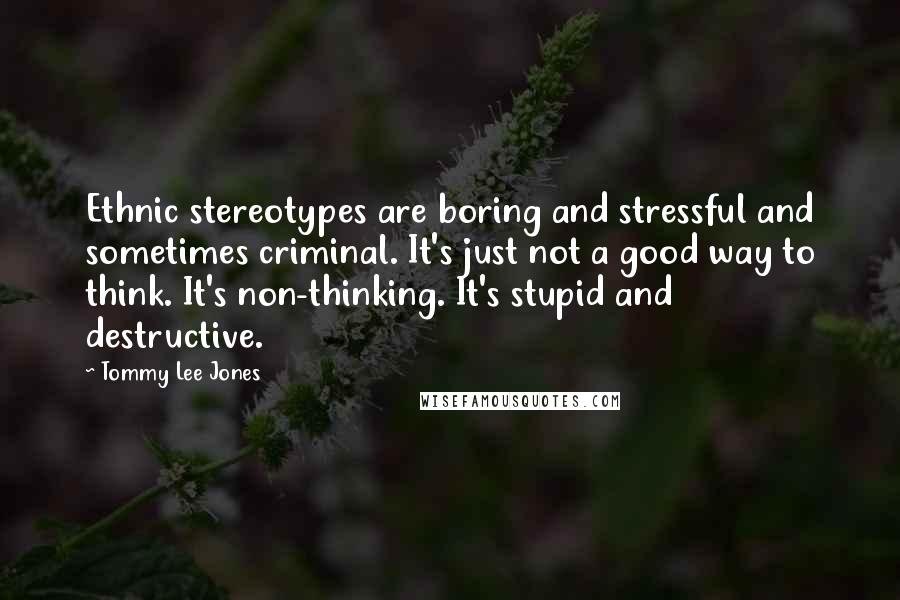 Tommy Lee Jones Quotes: Ethnic stereotypes are boring and stressful and sometimes criminal. It's just not a good way to think. It's non-thinking. It's stupid and destructive.