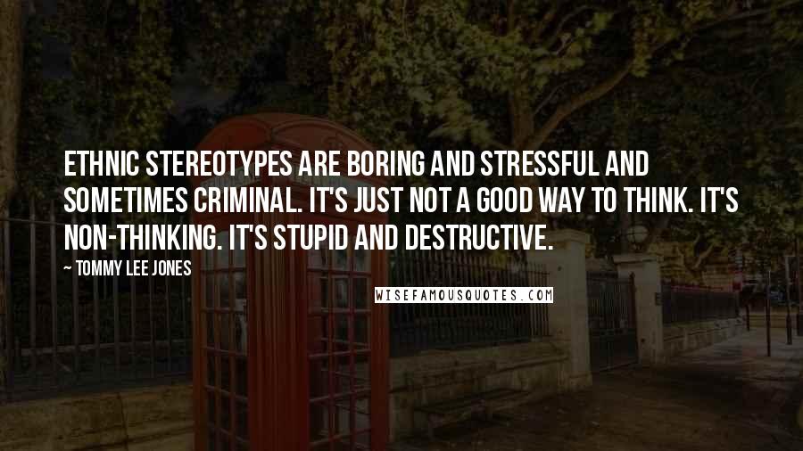 Tommy Lee Jones Quotes: Ethnic stereotypes are boring and stressful and sometimes criminal. It's just not a good way to think. It's non-thinking. It's stupid and destructive.