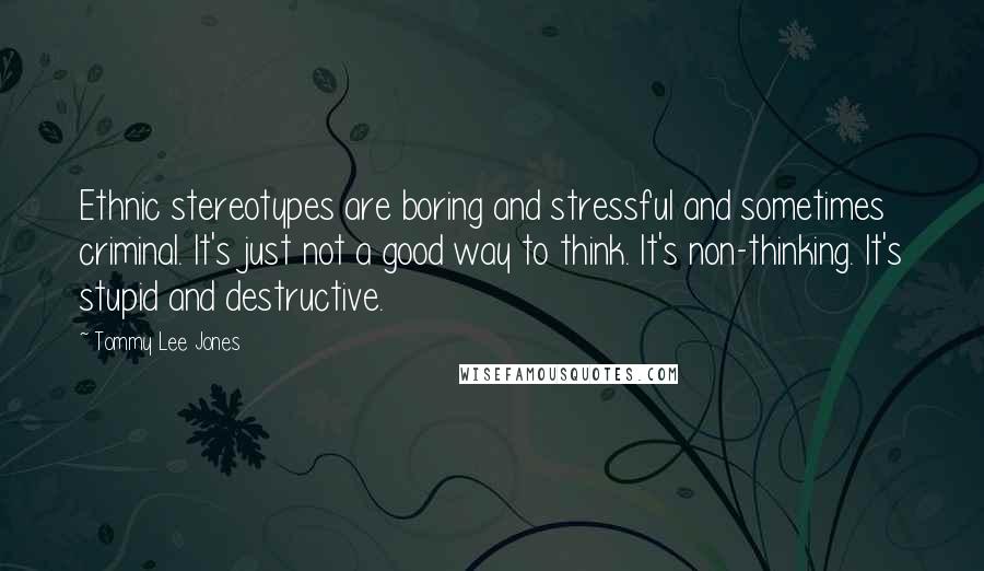 Tommy Lee Jones Quotes: Ethnic stereotypes are boring and stressful and sometimes criminal. It's just not a good way to think. It's non-thinking. It's stupid and destructive.