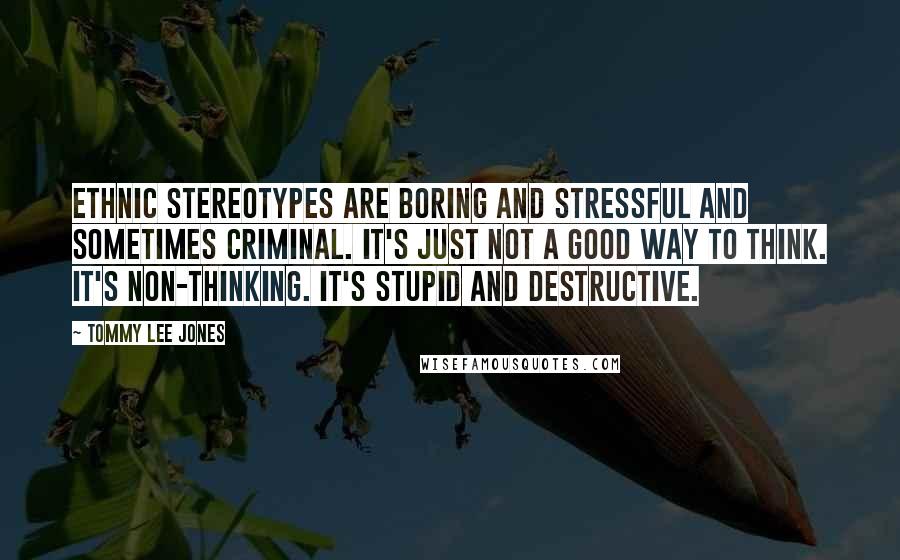 Tommy Lee Jones Quotes: Ethnic stereotypes are boring and stressful and sometimes criminal. It's just not a good way to think. It's non-thinking. It's stupid and destructive.