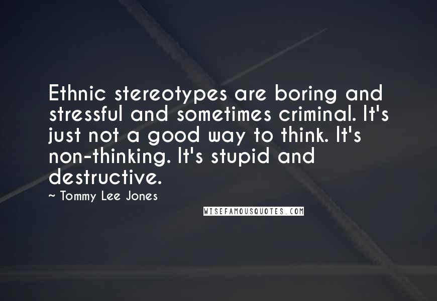Tommy Lee Jones Quotes: Ethnic stereotypes are boring and stressful and sometimes criminal. It's just not a good way to think. It's non-thinking. It's stupid and destructive.