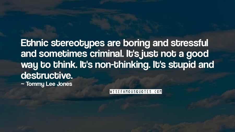 Tommy Lee Jones Quotes: Ethnic stereotypes are boring and stressful and sometimes criminal. It's just not a good way to think. It's non-thinking. It's stupid and destructive.