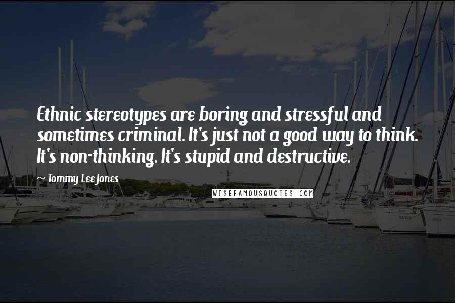 Tommy Lee Jones Quotes: Ethnic stereotypes are boring and stressful and sometimes criminal. It's just not a good way to think. It's non-thinking. It's stupid and destructive.