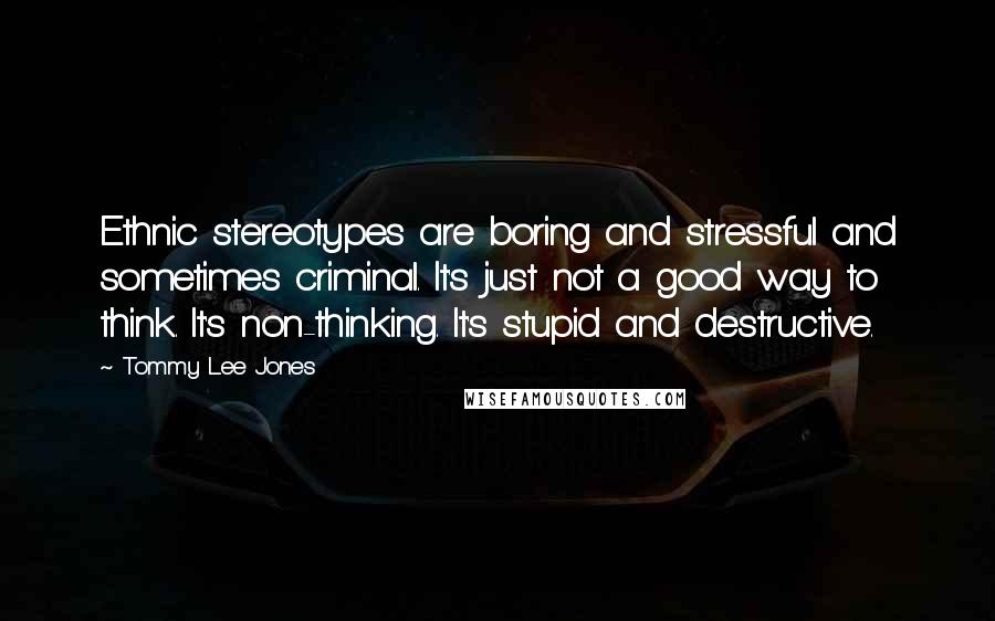 Tommy Lee Jones Quotes: Ethnic stereotypes are boring and stressful and sometimes criminal. It's just not a good way to think. It's non-thinking. It's stupid and destructive.