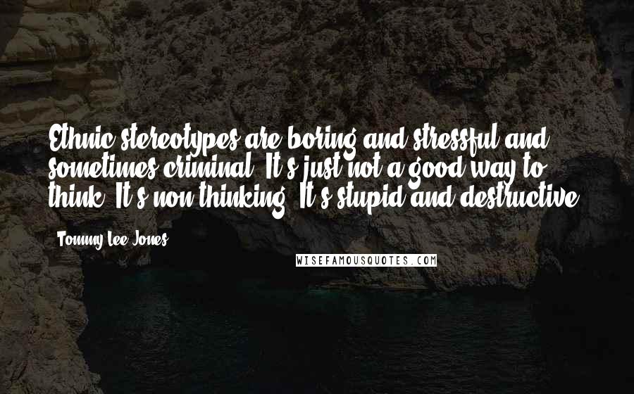 Tommy Lee Jones Quotes: Ethnic stereotypes are boring and stressful and sometimes criminal. It's just not a good way to think. It's non-thinking. It's stupid and destructive.