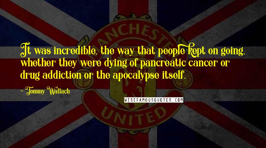 Tommy Wallach Quotes: It was incredible, the way that people kept on going, whether they were dying of pancreatic cancer or drug addiction or the apocalypse itself.