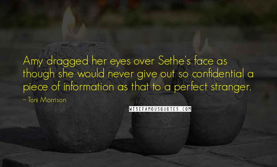 Toni Morrison Quotes: Amy dragged her eyes over Sethe's face as though she would never give out so confidential a piece of information as that to a perfect stranger.