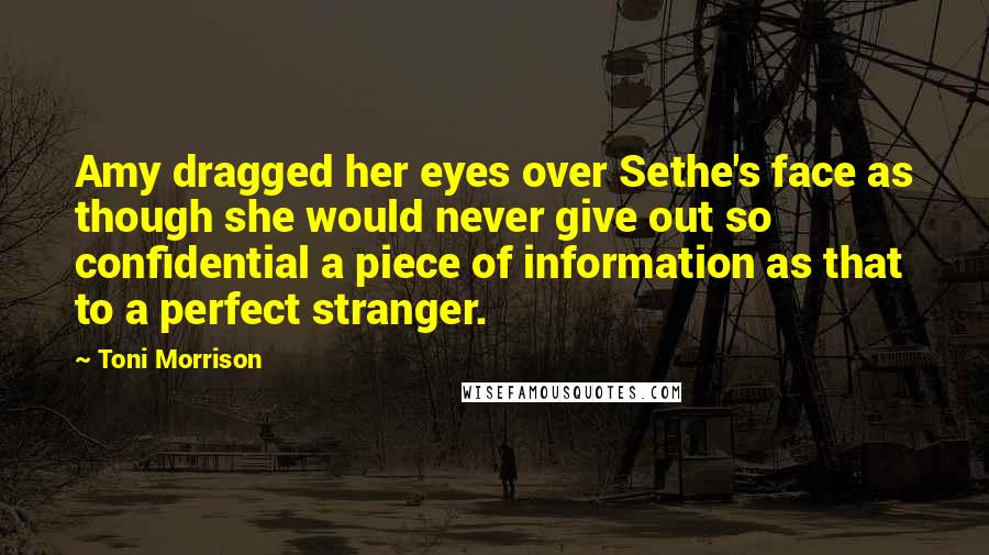 Toni Morrison Quotes: Amy dragged her eyes over Sethe's face as though she would never give out so confidential a piece of information as that to a perfect stranger.