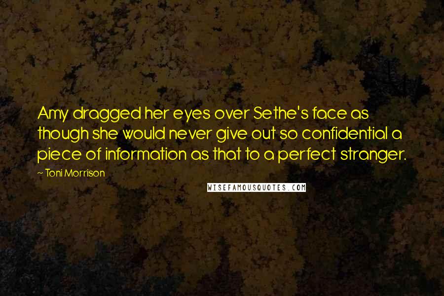 Toni Morrison Quotes: Amy dragged her eyes over Sethe's face as though she would never give out so confidential a piece of information as that to a perfect stranger.