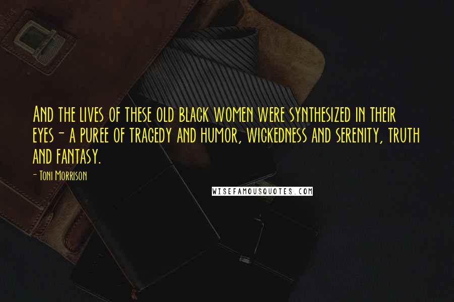 Toni Morrison Quotes: And the lives of these old black women were synthesized in their eyes- a puree of tragedy and humor, wickedness and serenity, truth and fantasy.