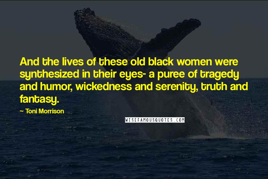 Toni Morrison Quotes: And the lives of these old black women were synthesized in their eyes- a puree of tragedy and humor, wickedness and serenity, truth and fantasy.