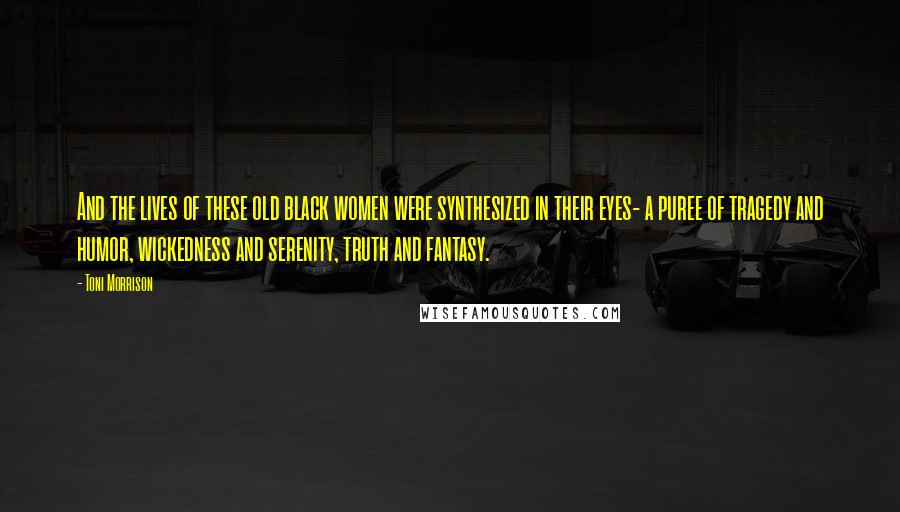 Toni Morrison Quotes: And the lives of these old black women were synthesized in their eyes- a puree of tragedy and humor, wickedness and serenity, truth and fantasy.