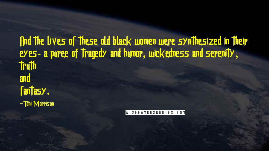 Toni Morrison Quotes: And the lives of these old black women were synthesized in their eyes- a puree of tragedy and humor, wickedness and serenity, truth and fantasy.