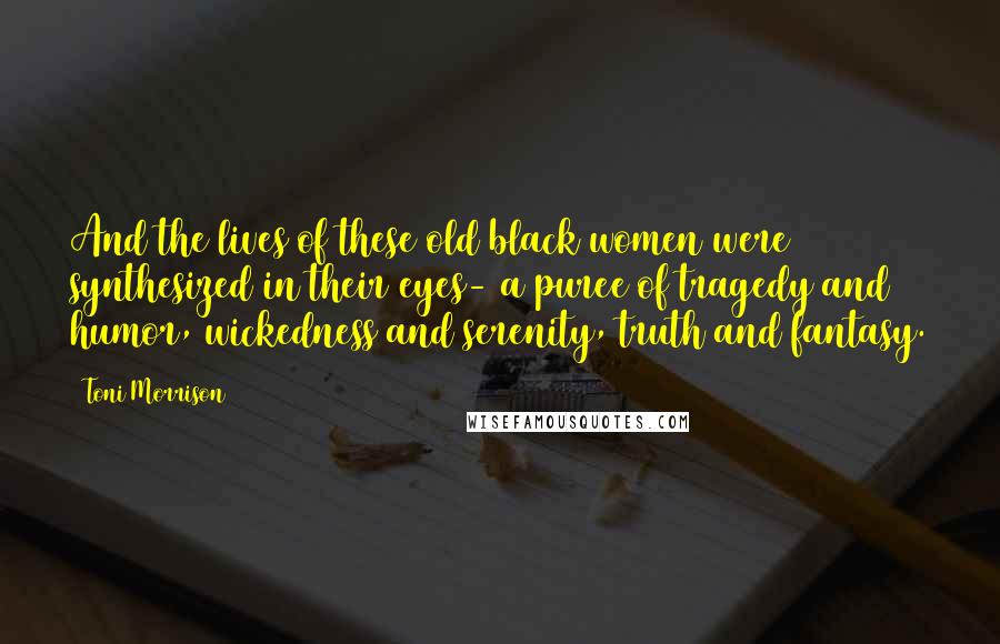 Toni Morrison Quotes: And the lives of these old black women were synthesized in their eyes- a puree of tragedy and humor, wickedness and serenity, truth and fantasy.