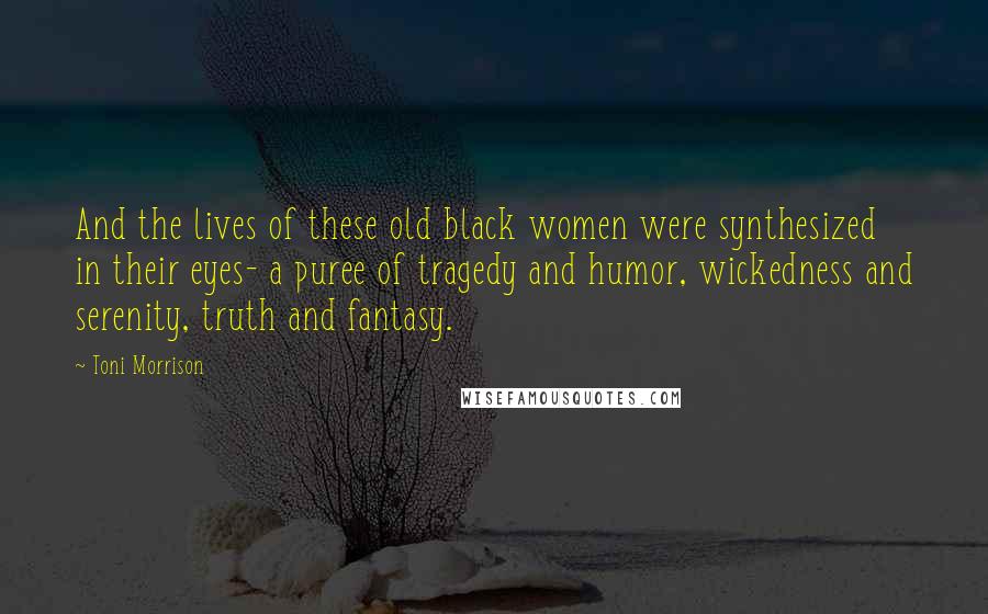 Toni Morrison Quotes: And the lives of these old black women were synthesized in their eyes- a puree of tragedy and humor, wickedness and serenity, truth and fantasy.