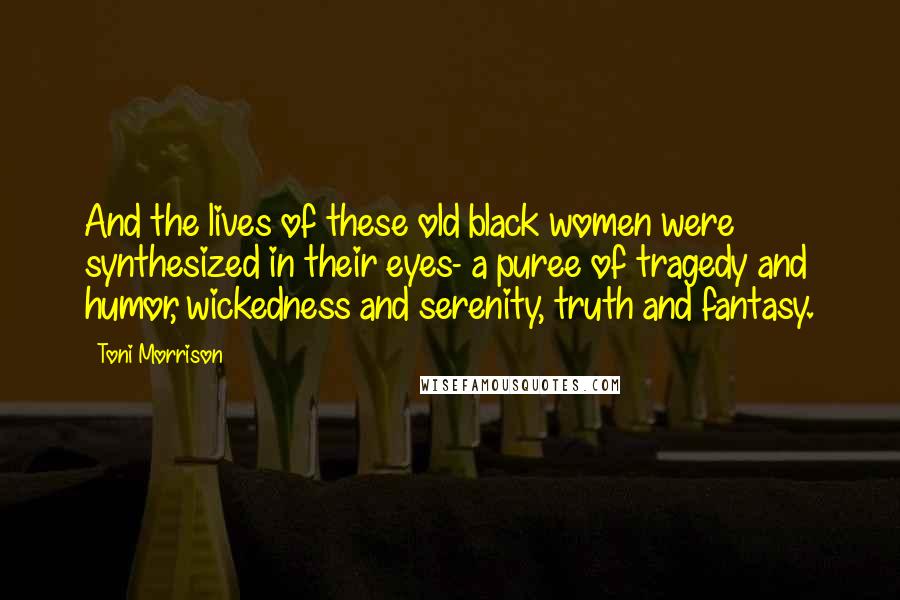 Toni Morrison Quotes: And the lives of these old black women were synthesized in their eyes- a puree of tragedy and humor, wickedness and serenity, truth and fantasy.