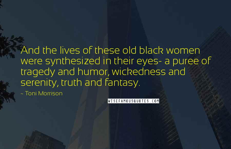 Toni Morrison Quotes: And the lives of these old black women were synthesized in their eyes- a puree of tragedy and humor, wickedness and serenity, truth and fantasy.