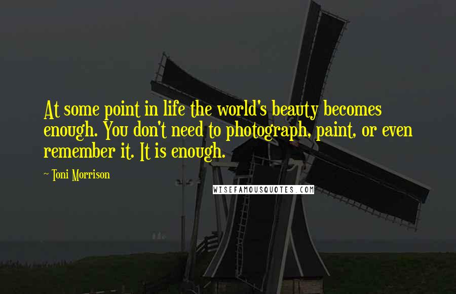 Toni Morrison Quotes: At some point in life the world's beauty becomes enough. You don't need to photograph, paint, or even remember it. It is enough.