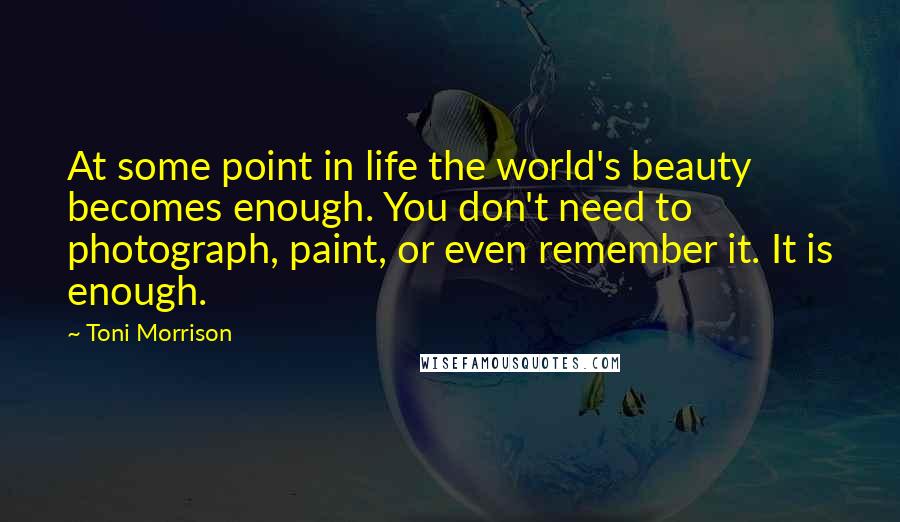 Toni Morrison Quotes: At some point in life the world's beauty becomes enough. You don't need to photograph, paint, or even remember it. It is enough.